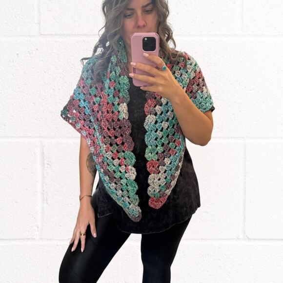 Handmade vintage crochet knit wrap/shaw/sweater, colorful, one size - Picture 2 of 6